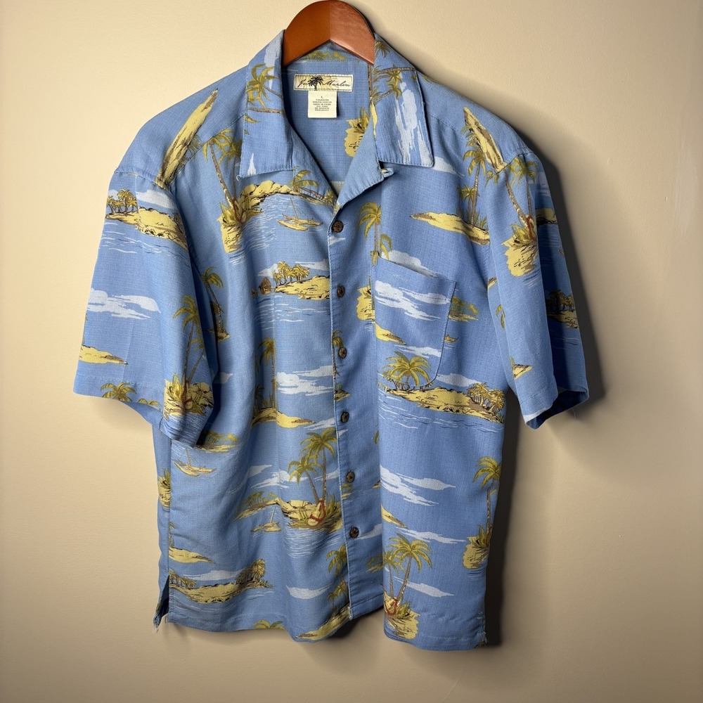 Joe Marlin Hawaiian Blue Multicolor Button Up Short Sleeve Camp Shirt Size L‎